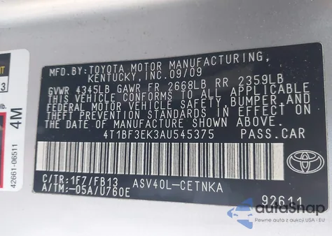 2010 Toyota Camry Le z USA, uszkodzony, nr VIN 4T1BF3EK3AU545375